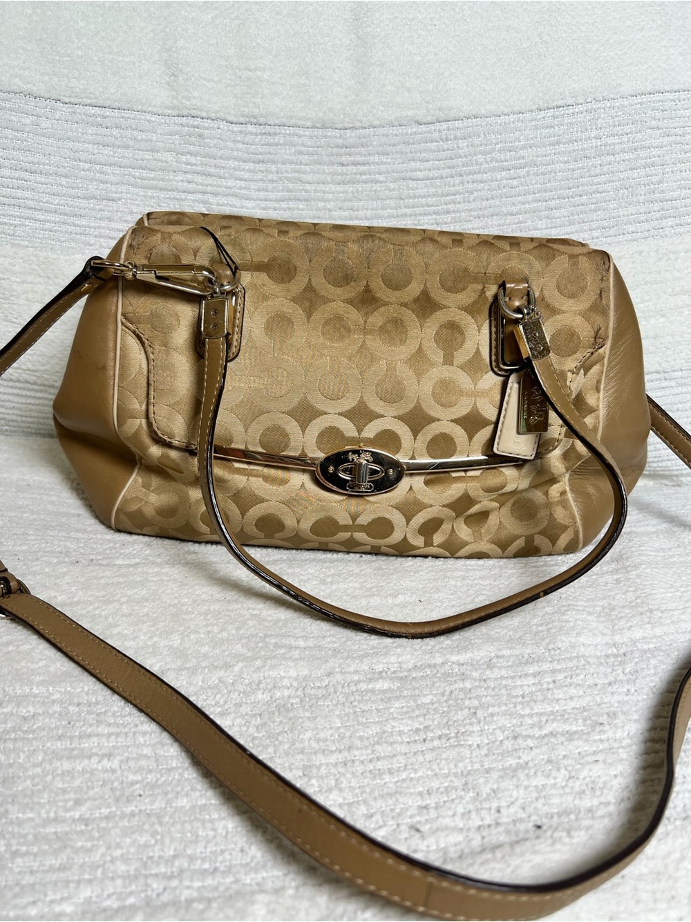 Coach gold/ tan Signature Logo Shoulder Bag with removable crossbody strap